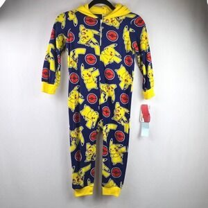 Pokemon Pikachu Hooded Fleece One Piece Pajamas Kids XS 4/5 Blue Yellow